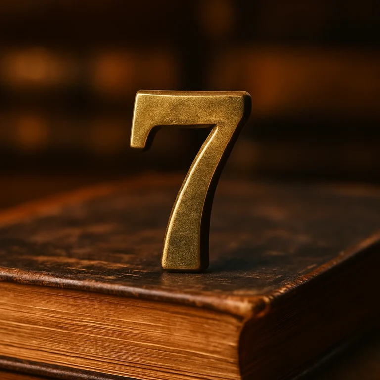 A golden number 7 figure standing upright on top of an old leather-bound book, softly lit with warm, vintage tones in a dark background.