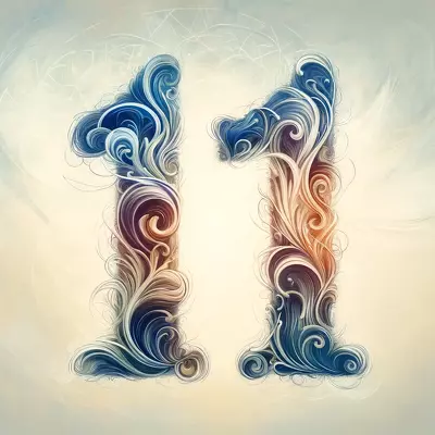 Artistic depiction of the number 11 intertwined with mystical symbols on a soft-colored background, conveying spiritual insight and personal growth.