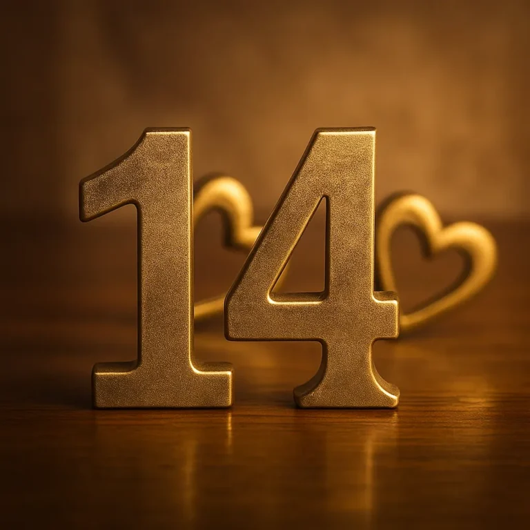 Gold metallic numerals 1 and 4 standing on a polished wooden surface with blurred golden heart shapes in the background, symbolizing compatibility and connection.