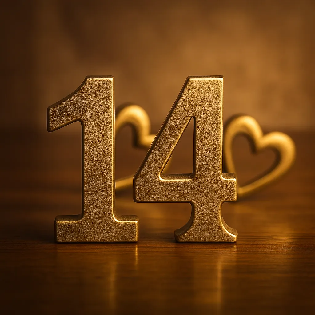 Gold metallic numerals 1 and 4 standing on a polished wooden surface with blurred golden heart shapes in the background, symbolizing compatibility and connection.