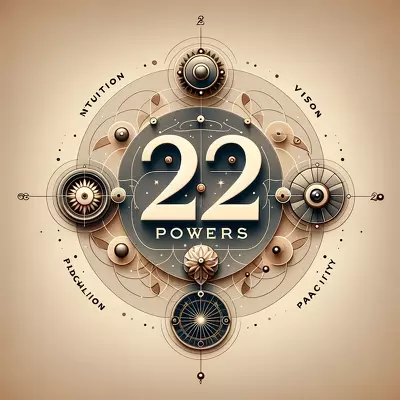 Illustrative image of the text 'Master Number 22 Powers' with symbols representing intuition, vision, and practicality, set against a soft backdrop. Image for illustration purposes only.