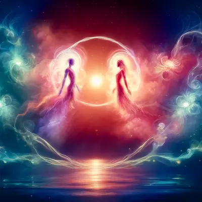 Illustration of twin flames thinking of each other during separation, featuring two ethereal figures connected by radiant energy. Image for illustration purposes only.