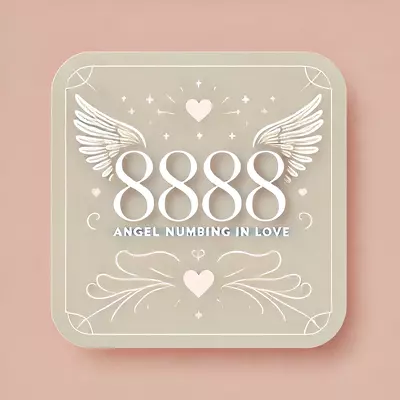 Elegant image with the text '8888 Angel Number Meaning in Love' featuring heart and angel wing motifs, illustrating the connection between angel numbers and love.