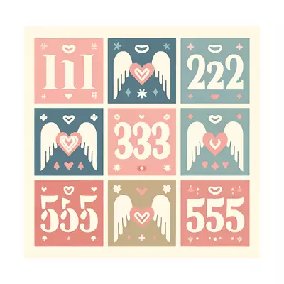Image of angel numbers 111, 222, 333, 444, and 555 with heart motifs in soft pastel colors.