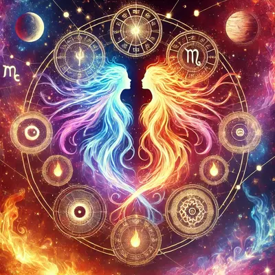 A mystical illustration depicting twin flames in astrology, featuring astrological symbols, intertwined flames, and cosmic elements like stars and planets.