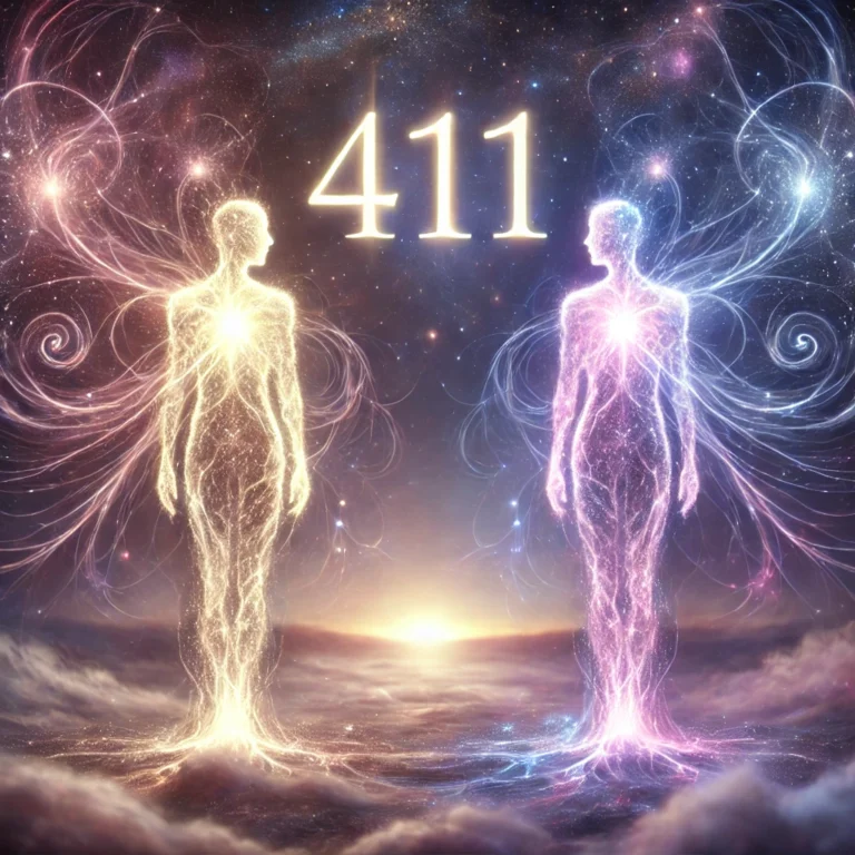 Two glowing human-like energy figures facing each other with flowing light patterns in space, the number 411 above them.