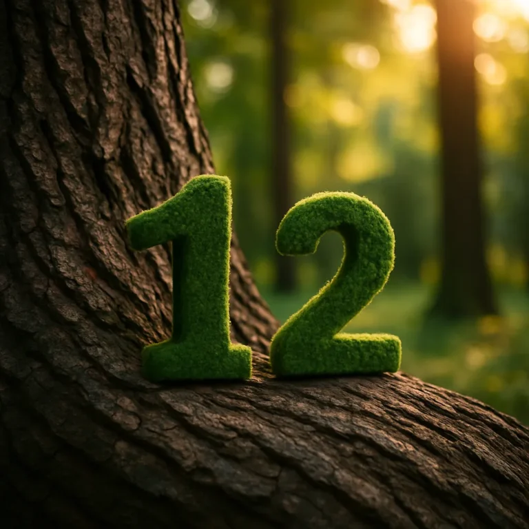 A photograph captures green numerals "1" and "2" covered in moss, resting against a tree trunk in a sunlit forest