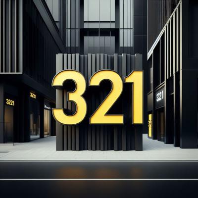 A striking image featuring a three-dimensional, gold-hued number "321" prominently displayed in front of a sleek, modern architectural setting with dark vertical columns.