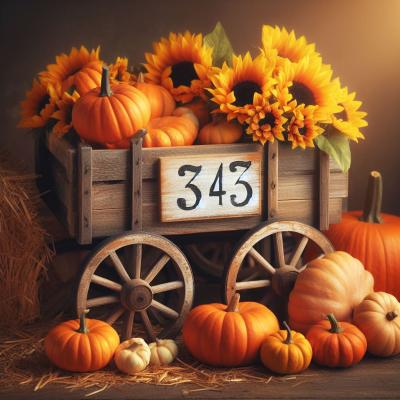 Autumn-themed setting with a rustic wooden wagon numbered "343" filled with pumpkins and sunflowers.