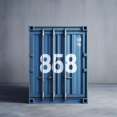 A sleek blue shipping container stands prominently against a minimalist gray background. Bold white numerals "858" overlay the container's facade.