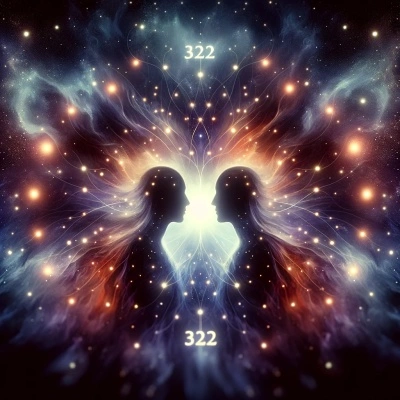 Artistic depiction of the 322 twin flame concept with human silhouettes and cosmic background, symbolizing spiritual connection.