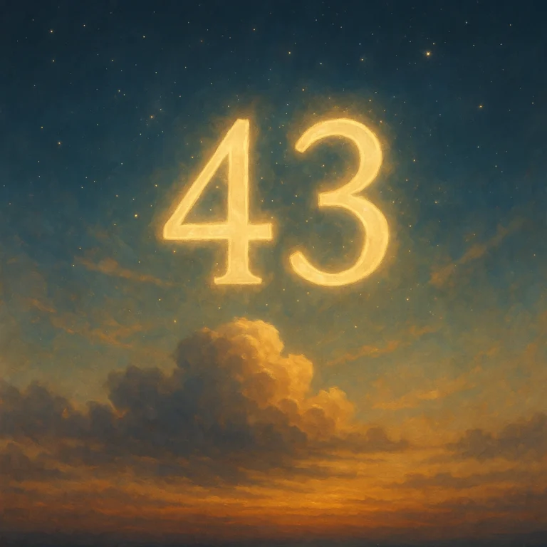 A glowing number 43 in a golden sunset sky with soft clouds and scattered stars, symbolizing divine guidance and balance.
