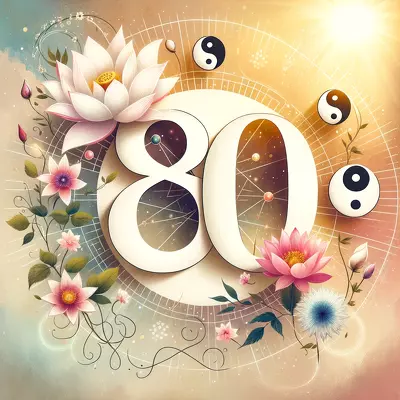 Spiritual significance of number 80 with symbols of wisdom and balance.