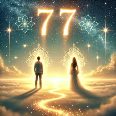 Illustration of 777 angel number symbolizing spiritual growth during twin flame separation, with figures illuminated by celestial light, representing divine guidance.