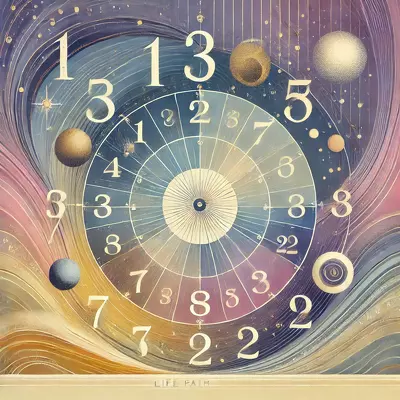 Illustration representing life path numbers in numerology with abstract symbols, featuring numbers 1 to 9, and master numbers 11 and 22 for guidance and personal growth.