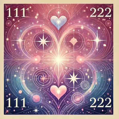 Illustration of numerology in love and twin flames with celestial symbols, hearts, and numbers 111 and 222, representing spiritual connections in relationships.