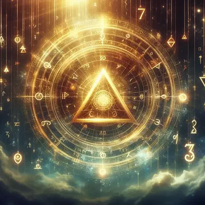 Golden illustration of the Divine Triangle in numerology, surrounded by mystical symbols, numbers, and cosmic elements.