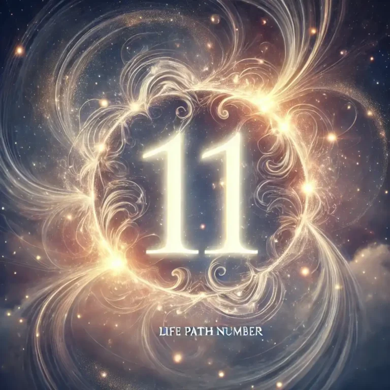 A glowing number 11 surrounded by swirling golden and blue light patterns, symbolizing spiritual awakening and higher consciousness.