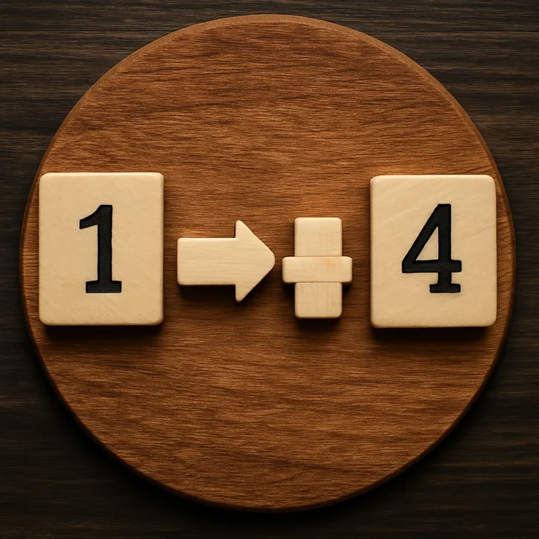 Wooden Scrabble-like tiles displaying the numbers 1 and 4 with arrow and plus symbols between them, set on a round wooden surface with dark wood background.