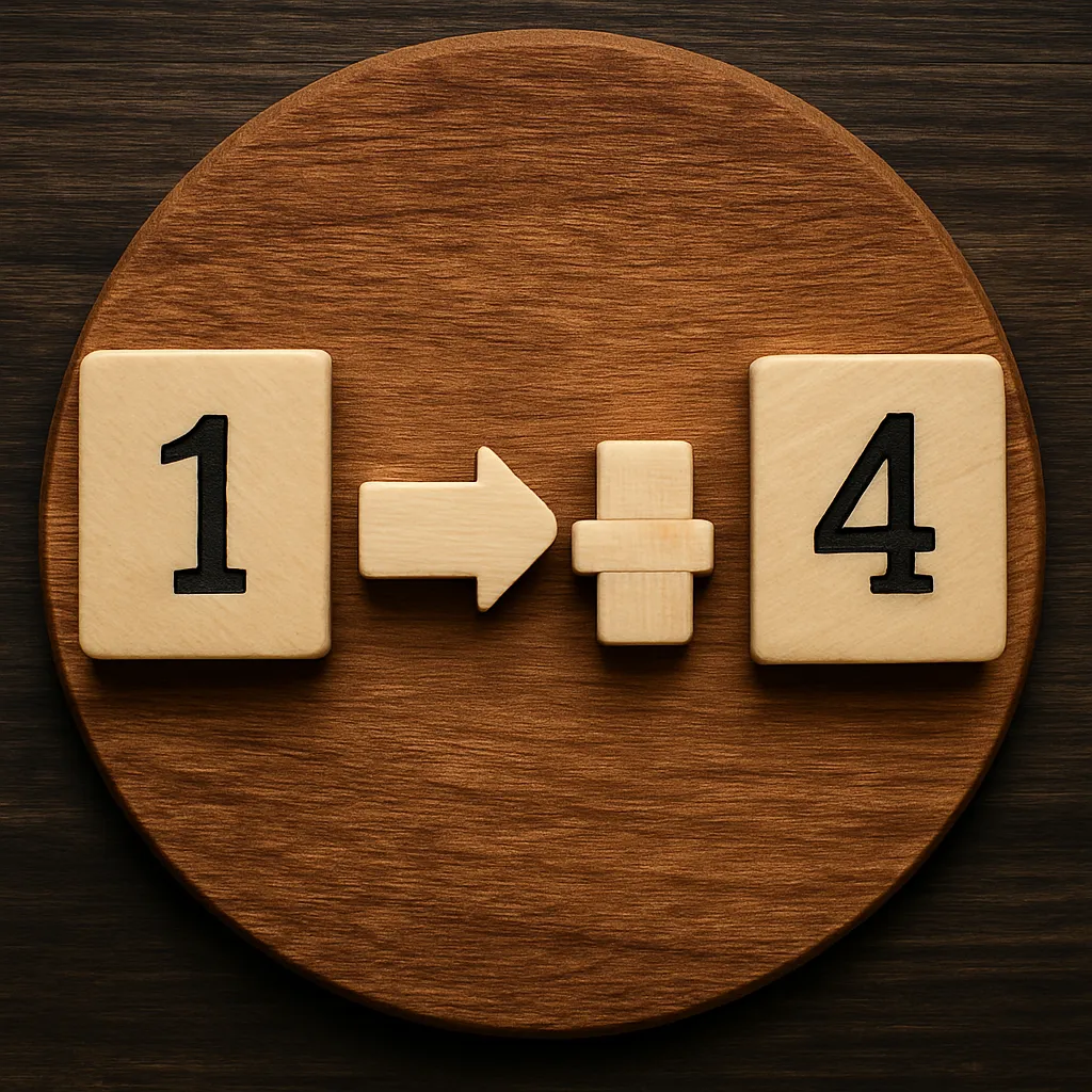 Wooden Scrabble-like tiles displaying the numbers 1 and 4 with arrow and plus symbols between them, set on a round wooden surface with dark wood background.
