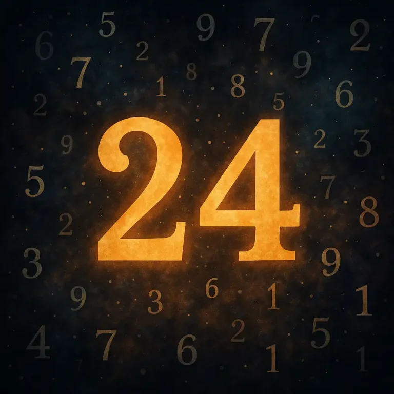 The number "24" prominently displayed in glowing golden tones, surrounded by symbolic swirls and celestial accents to represent harmony, prosperity, and luck in numerology.