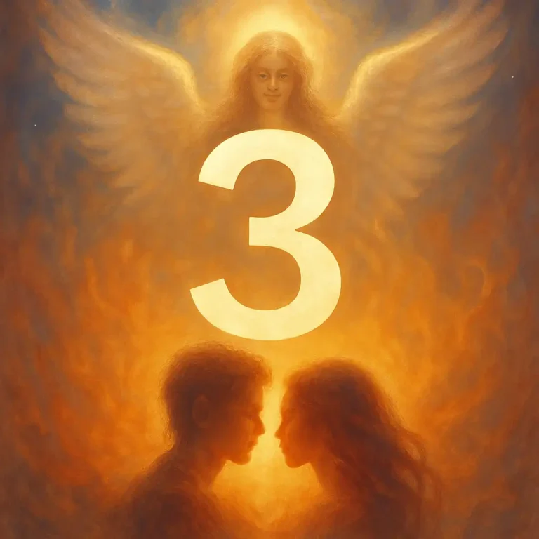 A glowing golden number 3 floats in a vibrant sky filled with soft clouds and radiant beams of light, while two silhouetted figures reach toward each other beneath a heart-shaped aura.