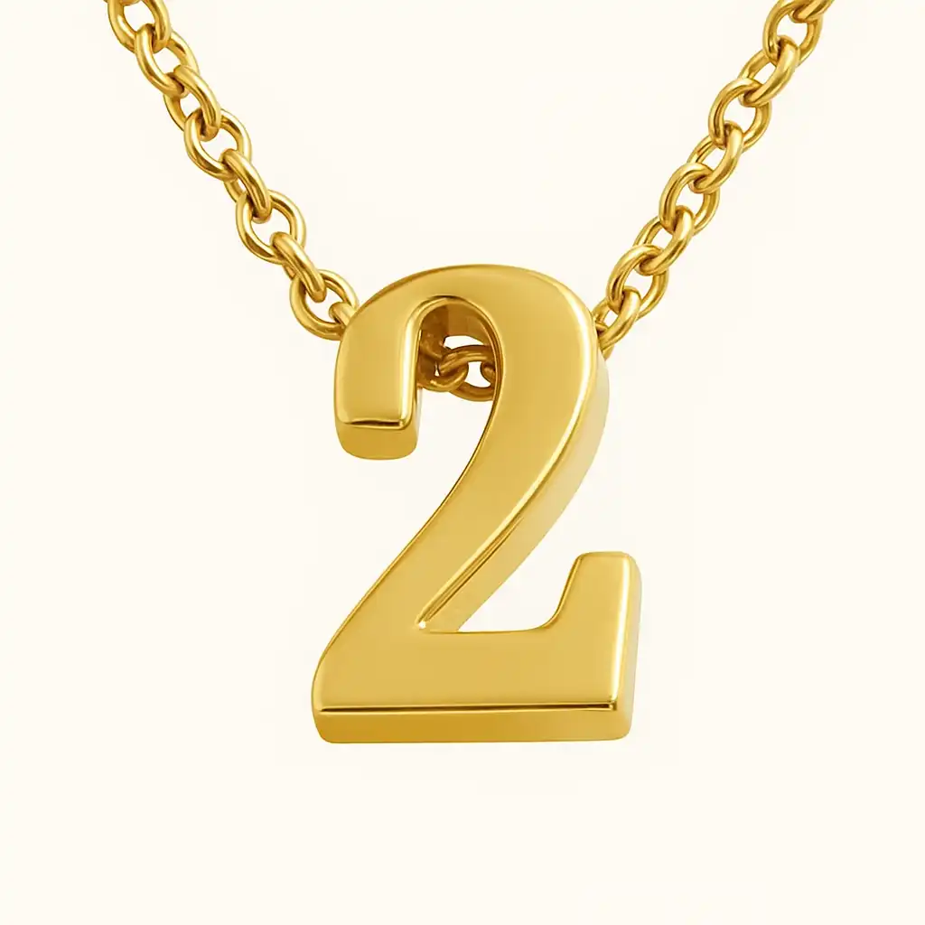 A gold necklace with a bold, polished number 2 pendant hanging from a medium-link chain, centered against a white background.
