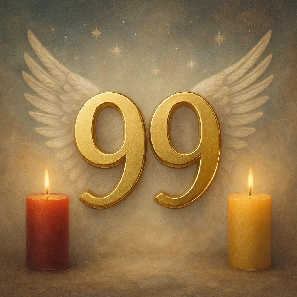 A digital image features the number "99" standing upright on a glowing surface, surrounded by soft golden light and two lit candles, symbolizing spiritual reflection and numerological energy.