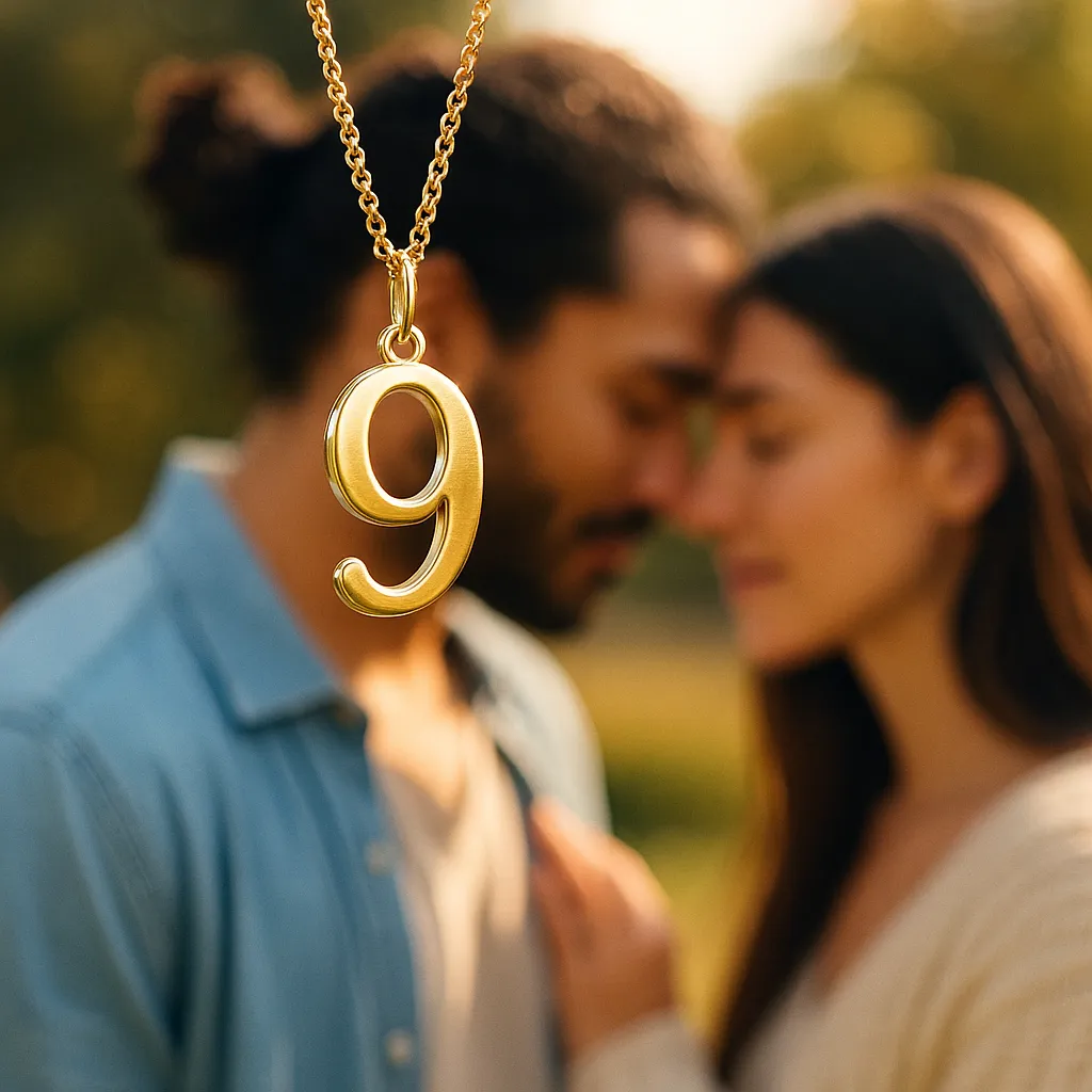 A close-up photo of a gold pendant shaped like the number 9, hanging from a delicate chain with a neutral background.
