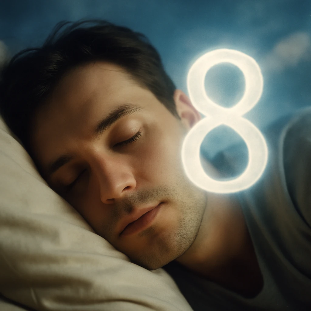 A man peacefully sleeping with a glowing number 8 floating near his face, symbolizing a spiritual or biblical dream vision.