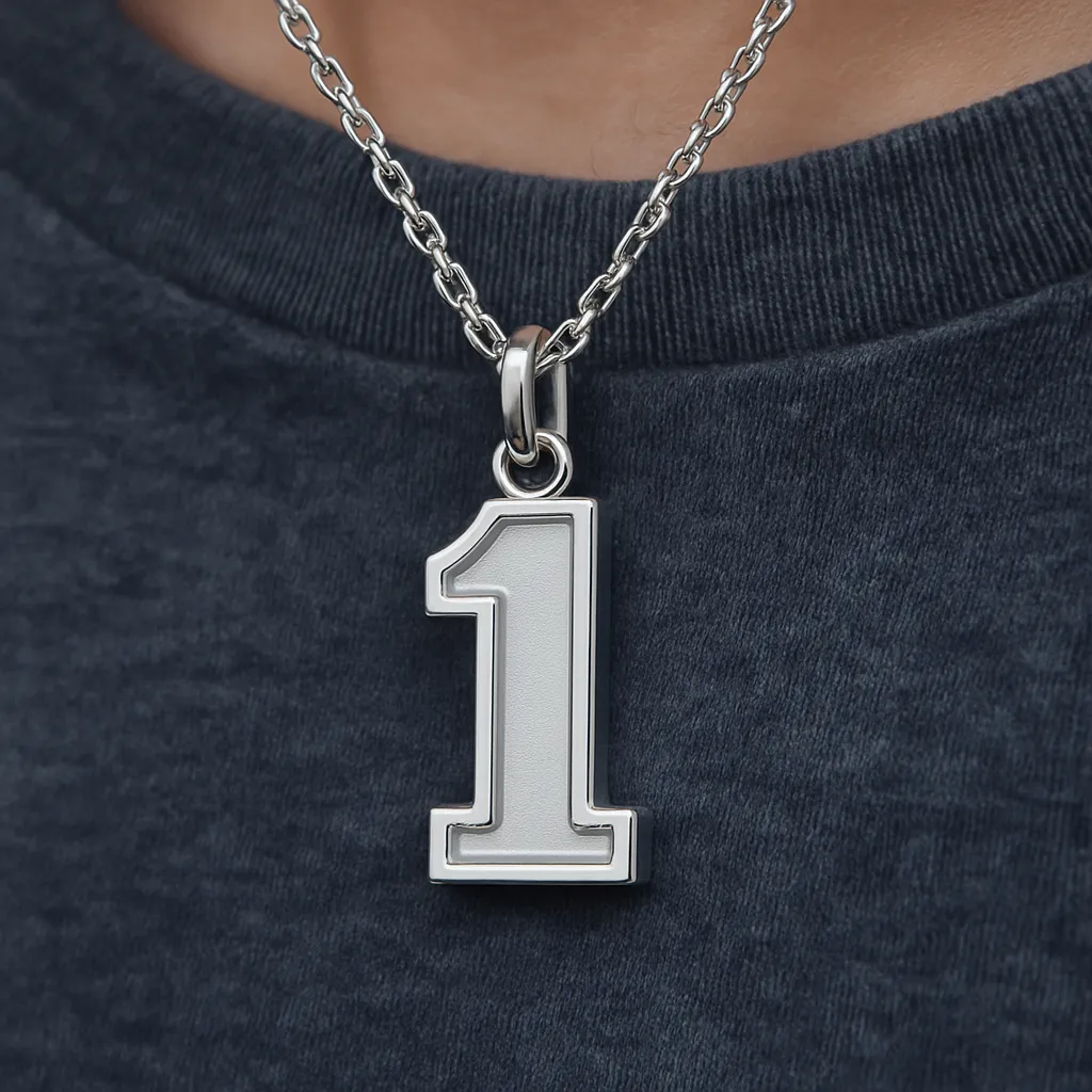 A close-up of a silver number 1 pendant hanging on a chain over a dark gray shirt, worn by a person with light skin tone.