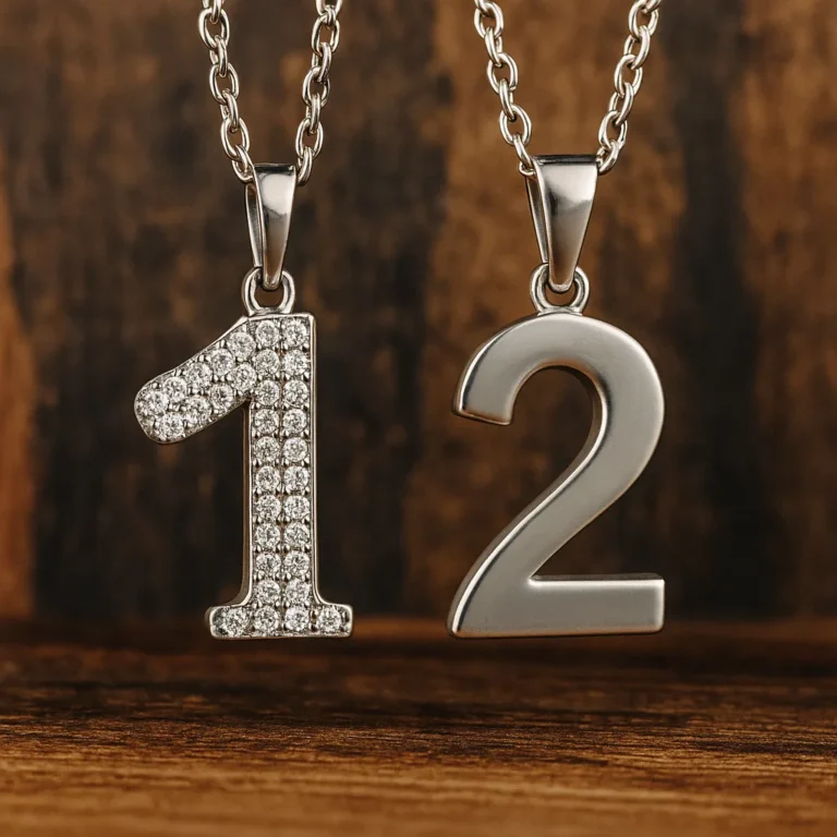 Two silver pendant necklaces featuring the numbers 1 and 2, resting against a rustic wooden background