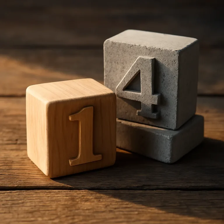 Two contrasting wooden blocks marked with the numbers 1 and 4 placed on a neutral surface, symbolizing balance and structure in numerology
