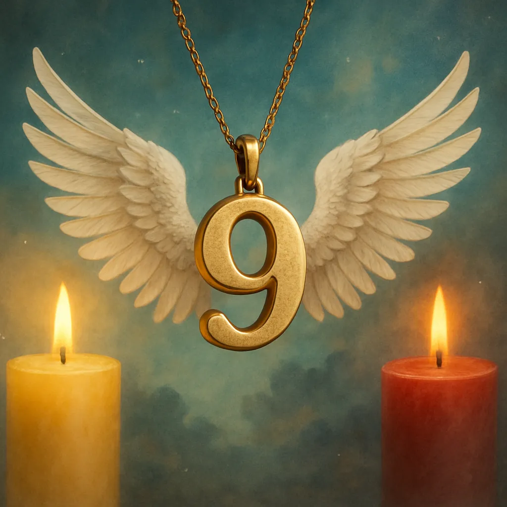 A photograph features a gold number 9 pendant with delicate angel wings, placed between two softly glowing colored candles on a neutral surface.