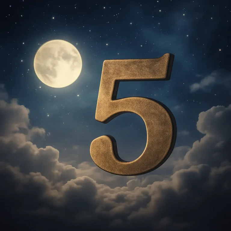 Golden number 5 floating above clouds under a full moon, dreamy night sky, stars twinkling in the background