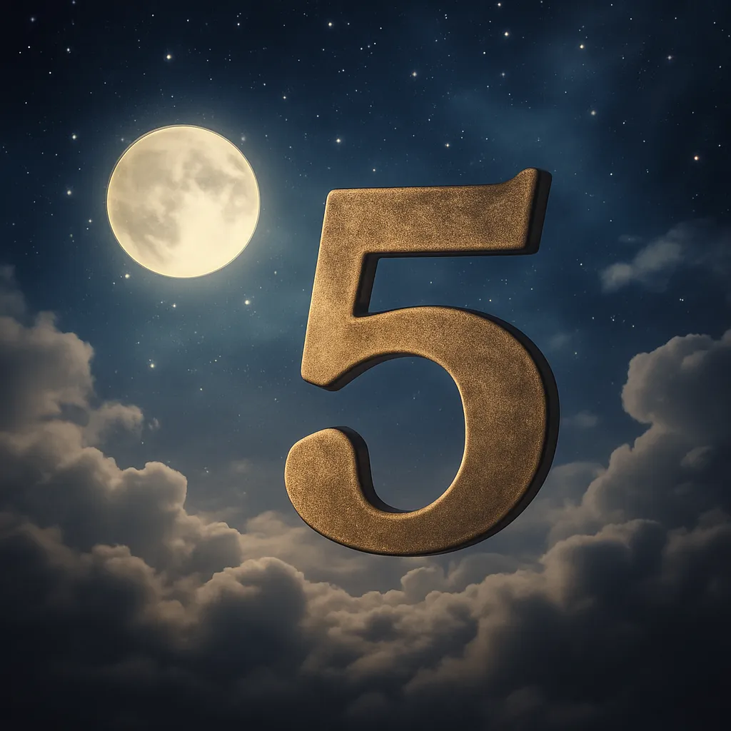 Golden number 5 floating above clouds under a full moon, dreamy night sky, stars twinkling in the background
