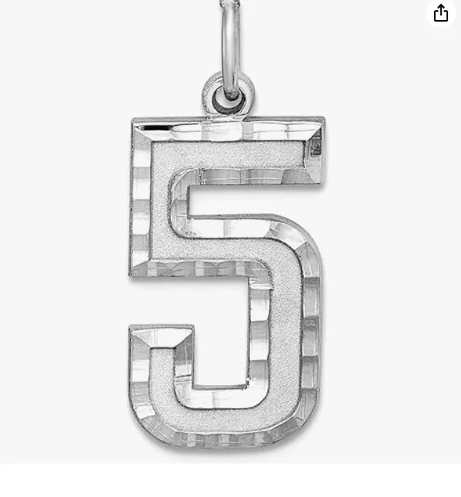 Silver number 5 pendant with beveled edges and a polished loop, suspended on a white background.
