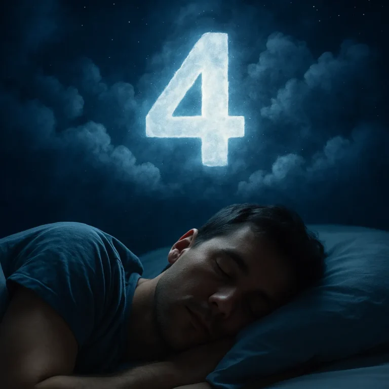 A man peacefully sleeping in bed at night, with a glowing number 4 formed by clouds above him in a dreamy sky.