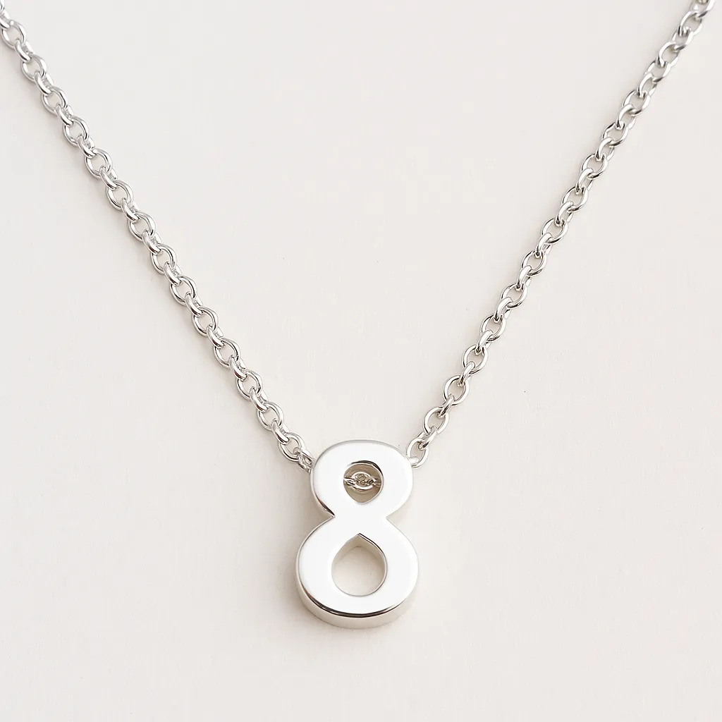 A digital photograph features a silver necklace with a polished number 8 pendant, centered against a white background and softly lit for a clean, minimal look.