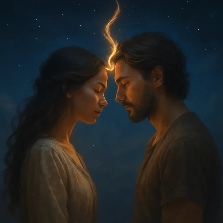A man and woman standing forehead to forehead under a starry night, connected by a glowing thread of light, symbolizing twin flame telepathy in dreams.