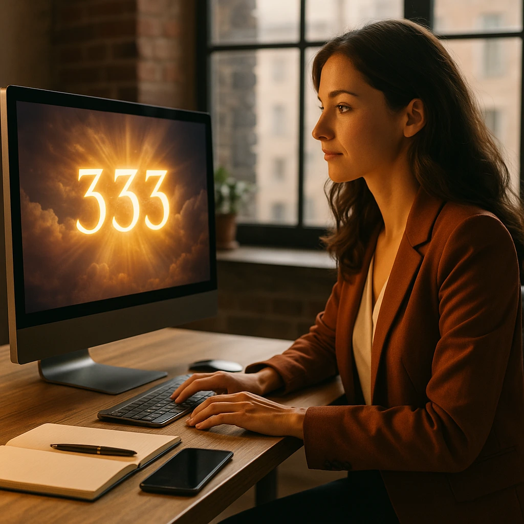 A professional woman with light skin and dark hair standing confidently in a bright modern office, with subtle golden light symbolizing success and balance.