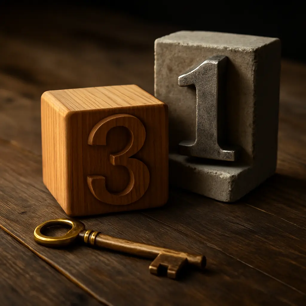 A wooden block with the number 3, a concrete block with the number 1, and an antique brass key resting on a dark wooden surface.